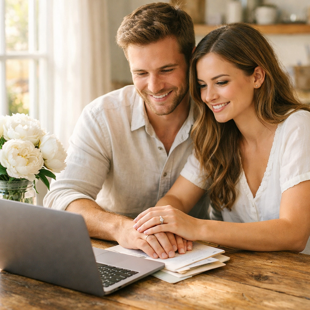 Engaged couple planning their wedding budget on a laptop in a bright, sunny home.