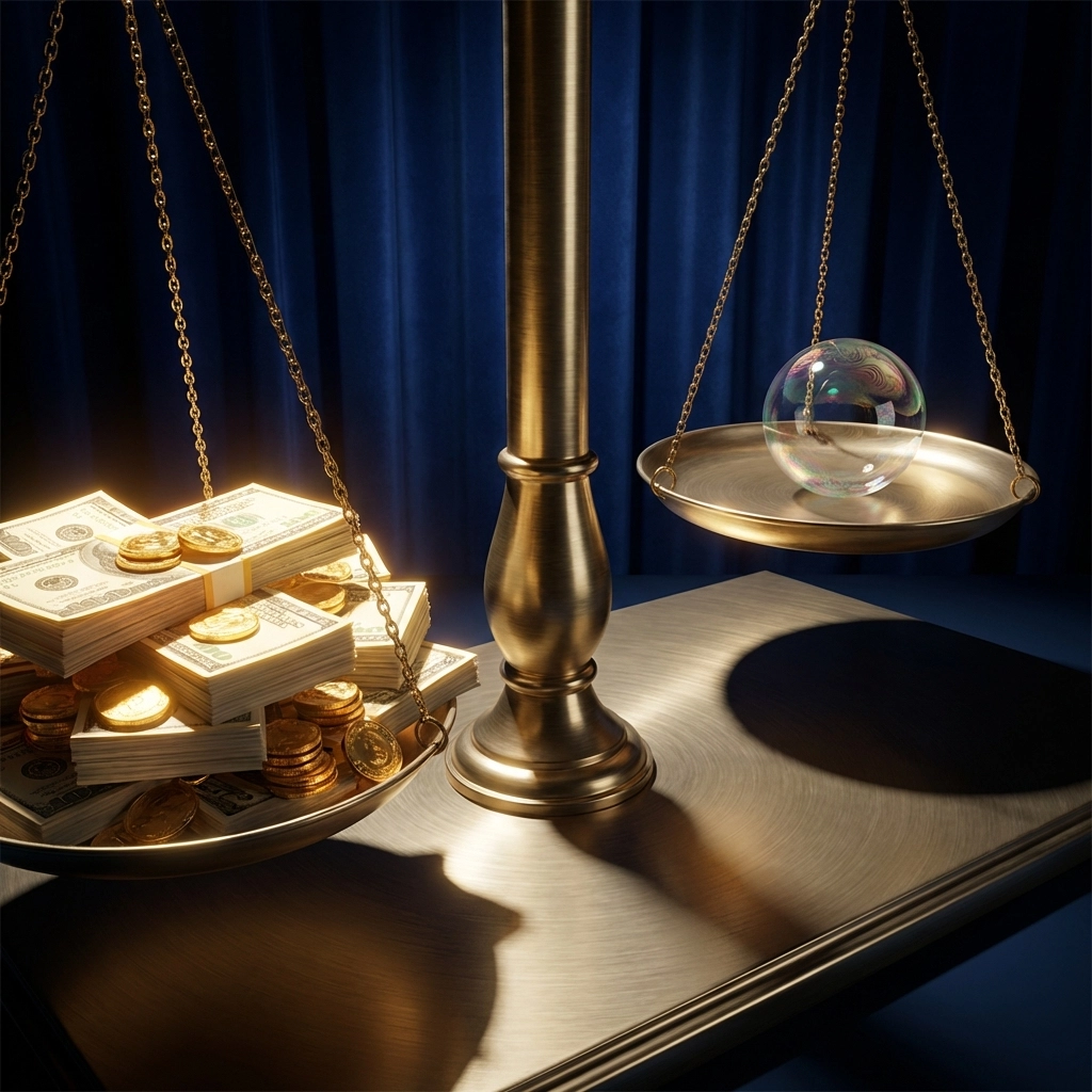 Balance scale with money and soap bubble represents the fragile balance in stock market valuations.