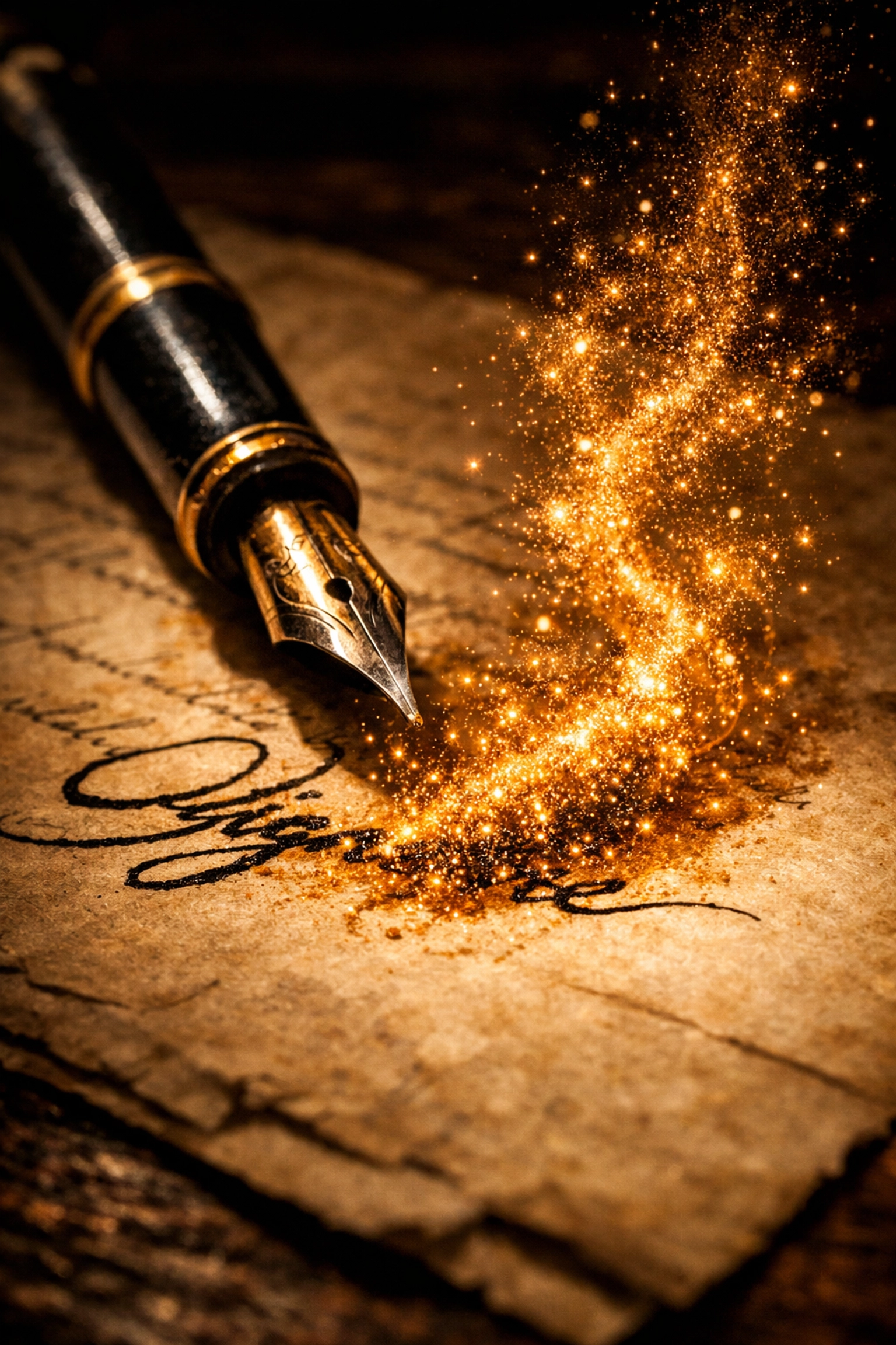 Fountain pen on parchment with a signature dissolving, a key step in business credit repair and freedom.