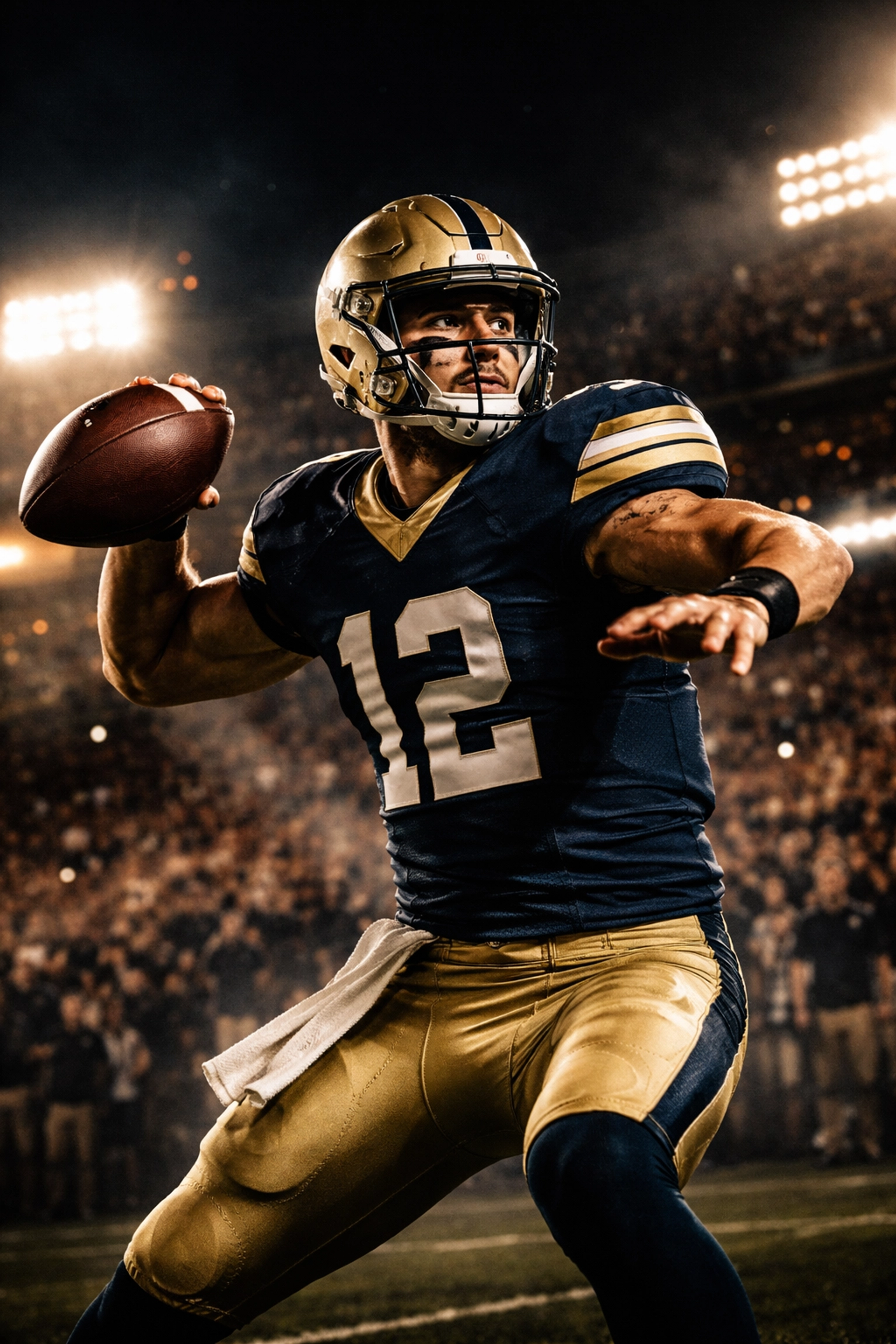 College football quarterback prepares to throw under stadium lights, symbolizing Mendoza’s transfer to Georgia Tech.