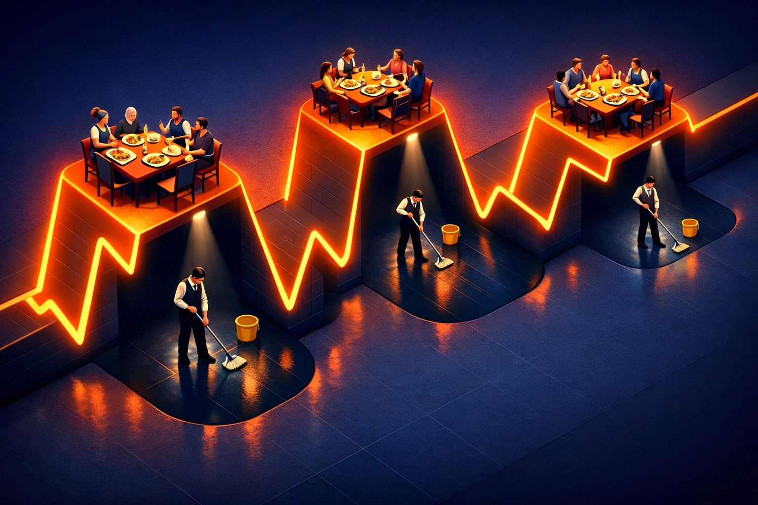 Isometric illustration of a restaurant floor as a heartbeat pulse line showing revenue peaks and cash flow cycles.