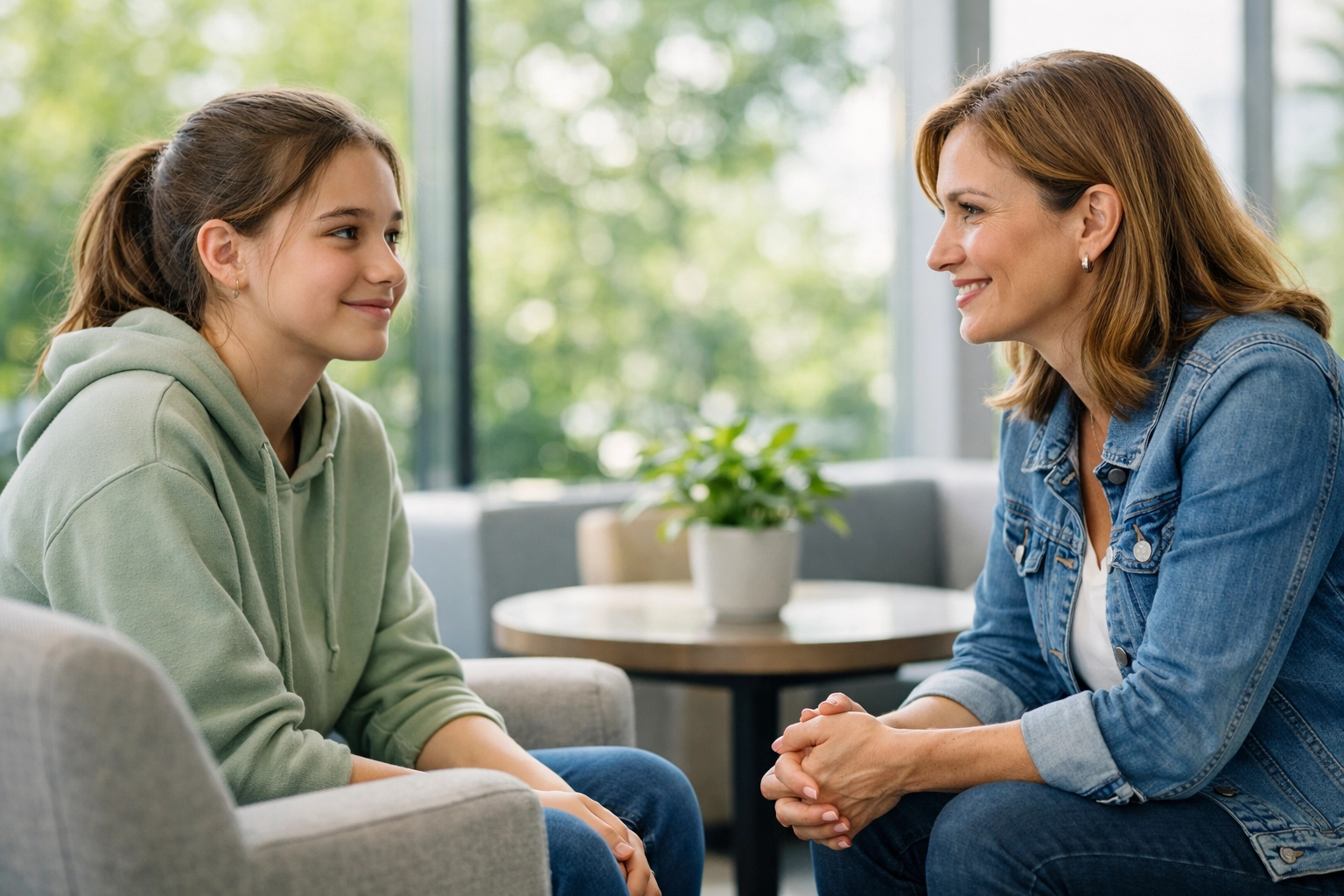 A teen girl talks with a supportive mentor in the sunlit lounge of a therapeutic group home for teens.