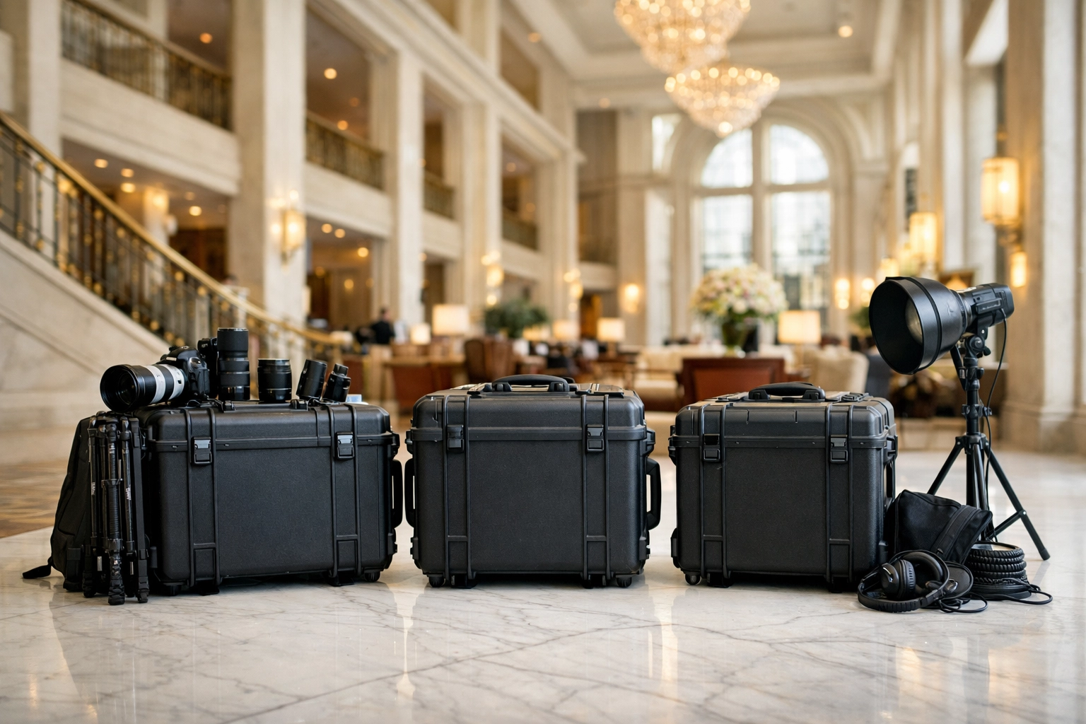 Professional gear cases of a corporate event photographer miami at a luxury hotel venue.