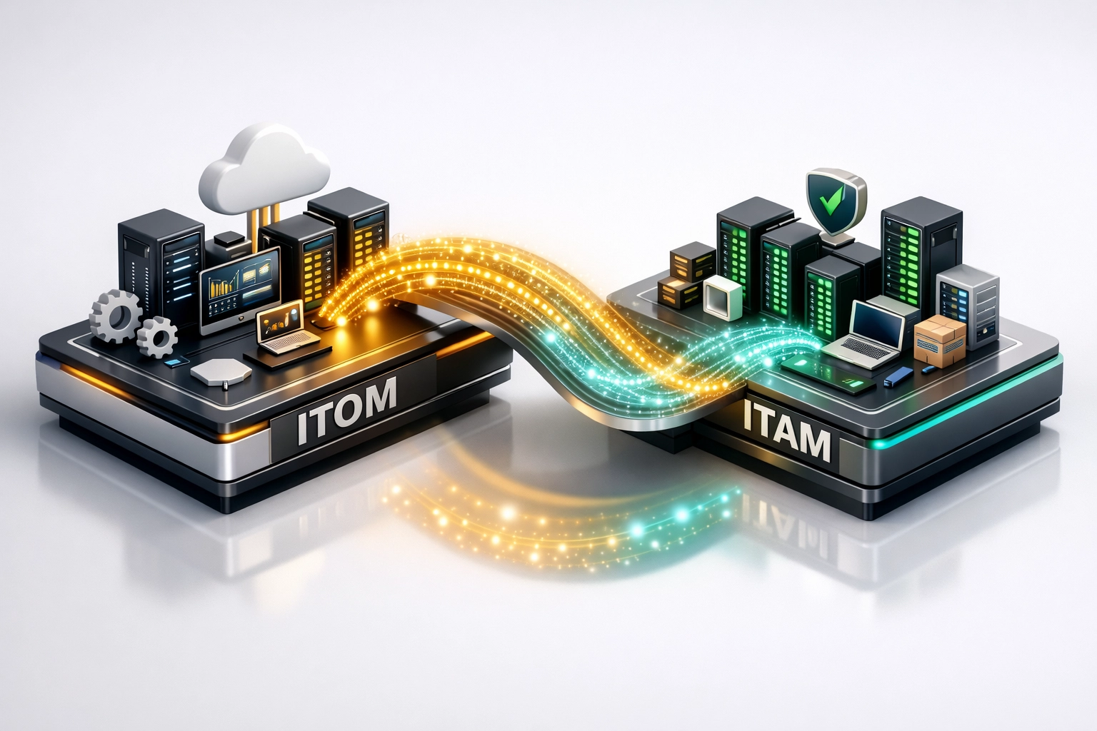 ServiceNow ITOM and ITAM integration with synchronized data streams and connected asset management systems