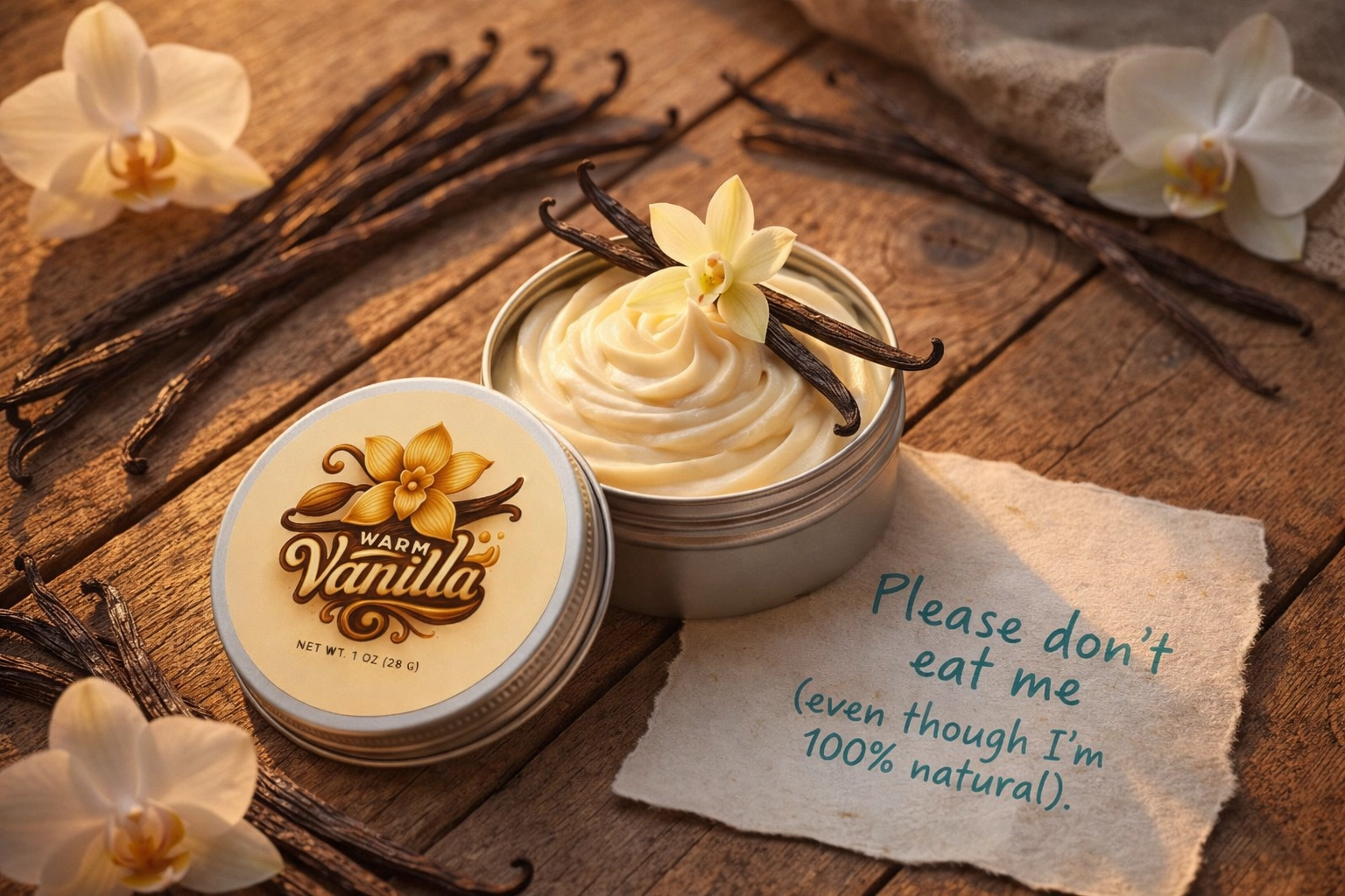 Warm Vanilla A hand holds The Remedy Wagon’s Warm Vanilla grass-fed tallow balm with a “Please don’t eat me” note, in a warm, rustic setting with soft, earthy tones.