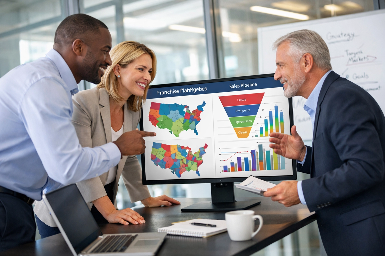 Outsourced franchise sales team analyzing territory maps and development pipeline
