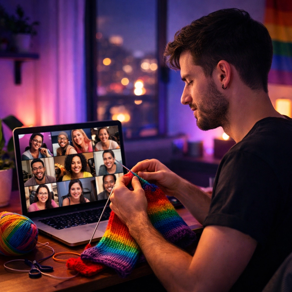 A gay man knitting while joining a virtual queer hobby group to build social connections.