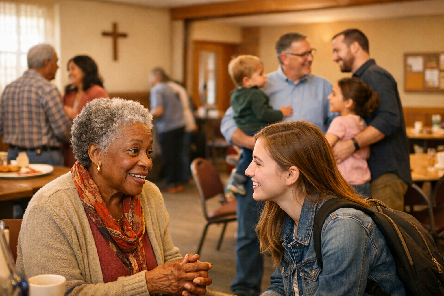 Multi-generational church community members engaging in personalized conversations.