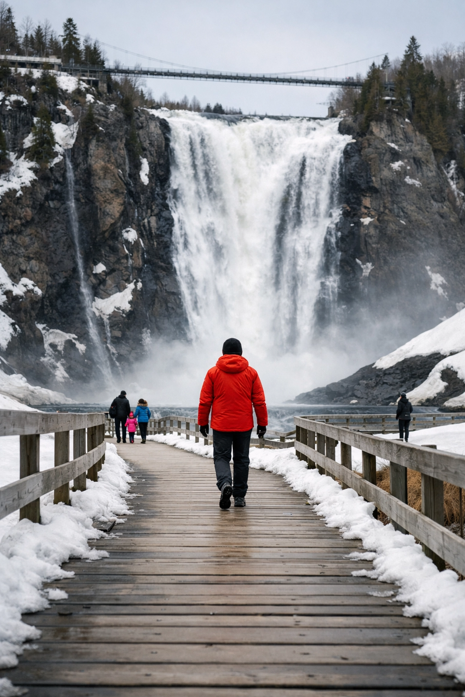 Familles visitant le parc de la Chute-Montmorency à Beauport en hiver