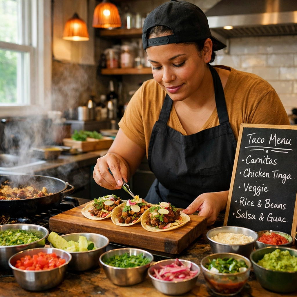 Home cook plating tacos in MEHKO-licensed kitchen operation in Los Angeles County