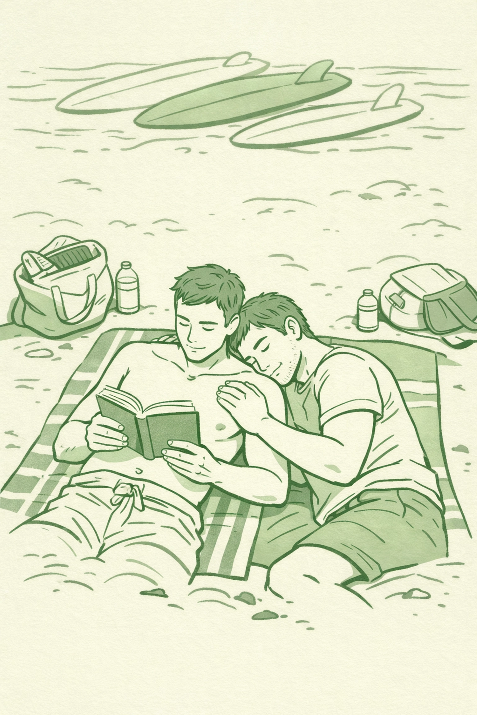 Two men relaxing on beach towels at Black's Beach clothing-optional nudist beach California