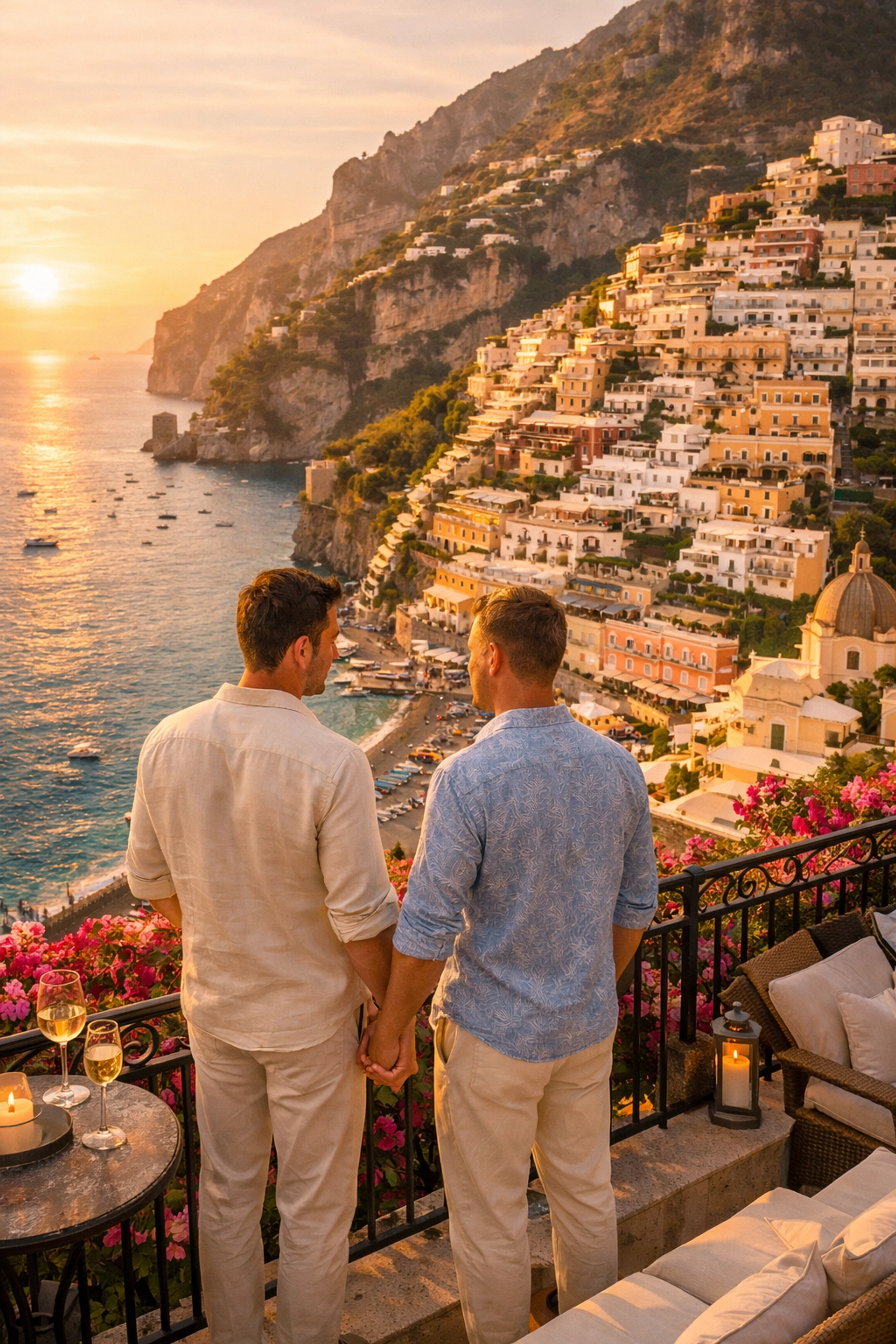Gay couple on luxury Positano terrace overlooking Amalfi Coast at sunset