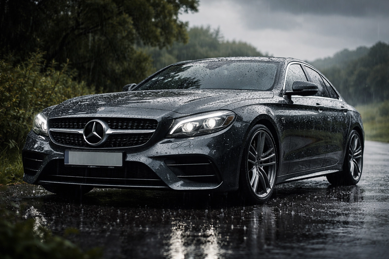 Dark grey saloon with ceramic coating in the rain, water beads rolling off paint, set against green British countryside.