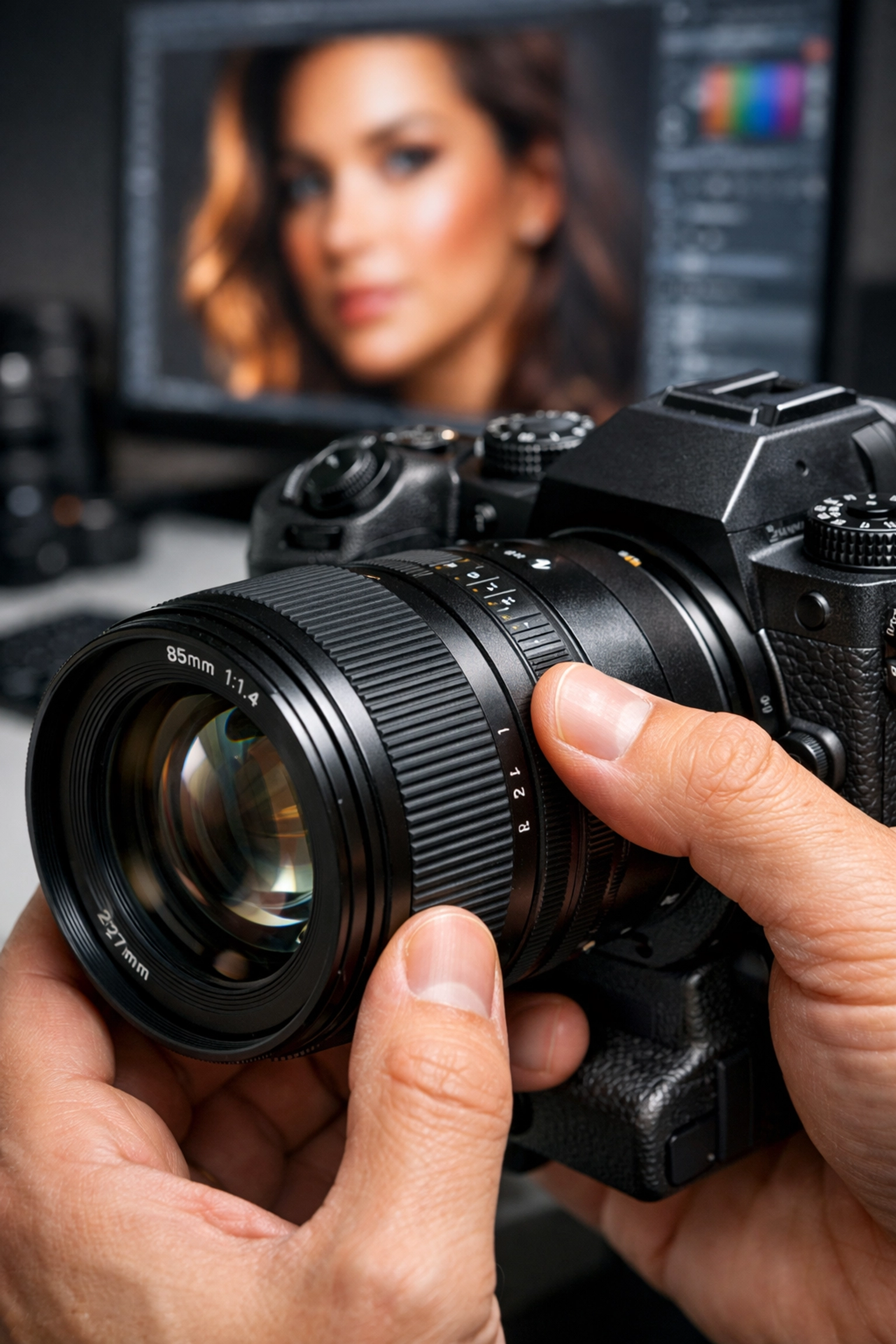 A professional photographer adjusting a high-end mirrorless camera lens at a creative workstation.