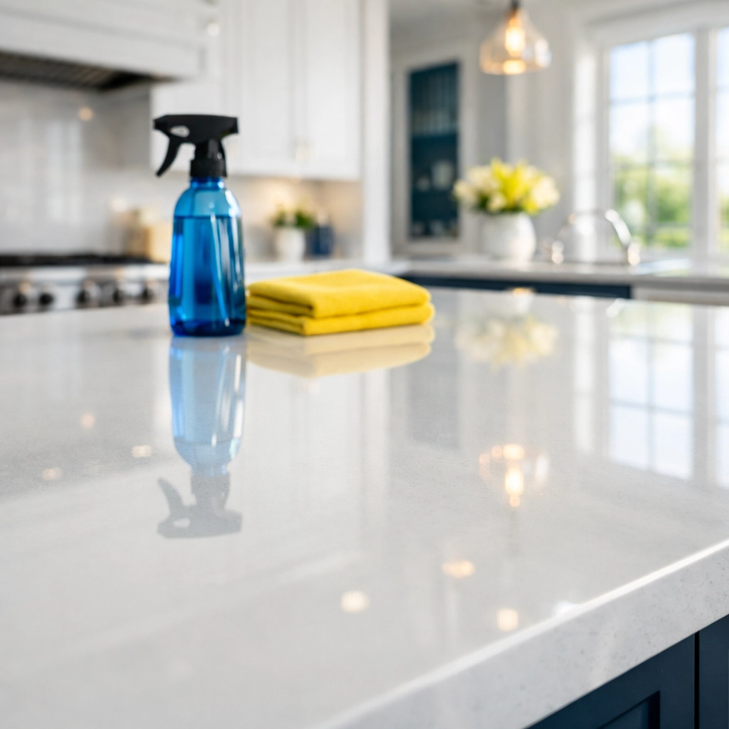 Streak-free quartz countertop in a Westford home reflecting professional weekly house cleaning standards.