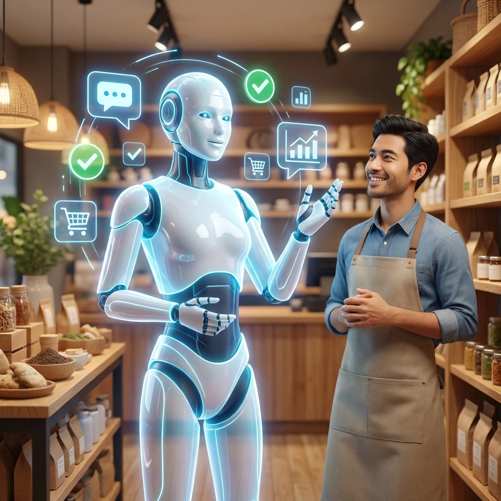 Small business owner consults with a helpful AI assistant in a welcoming retail shop, highlighting tech-driven customer service.