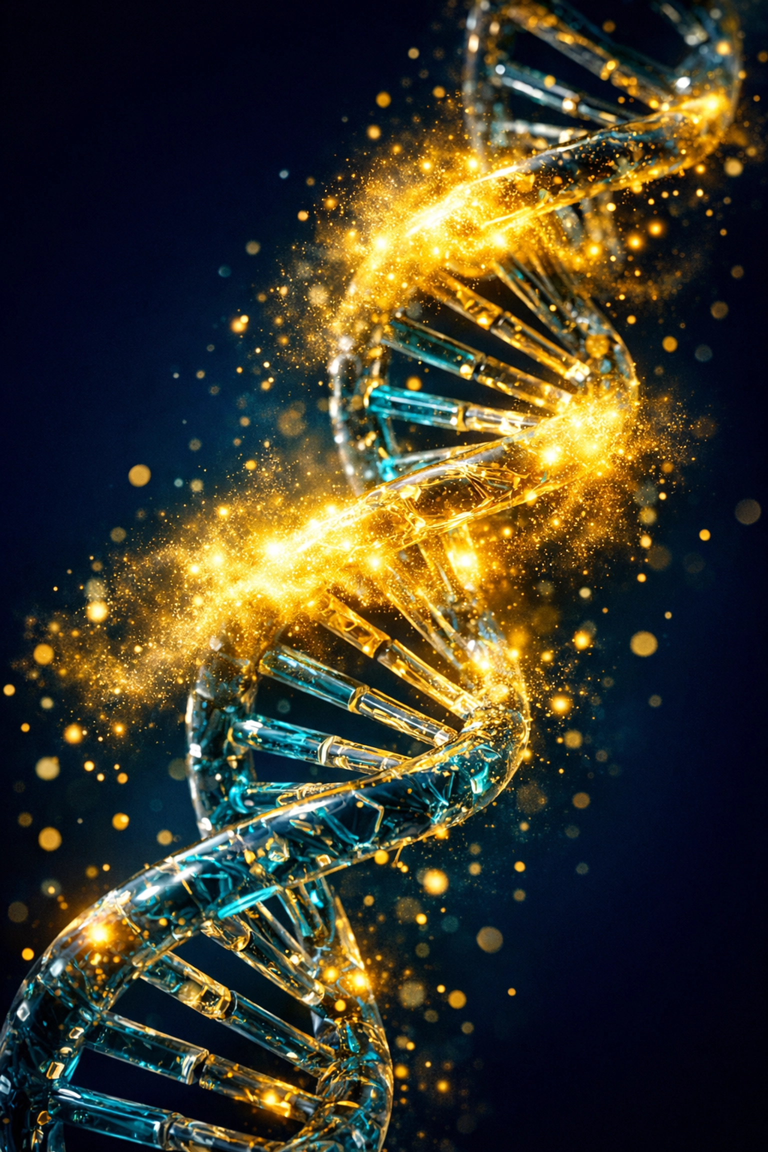 Glowing DNA helix protected by estrogen, illustrating cellular repair and longevity science for women.