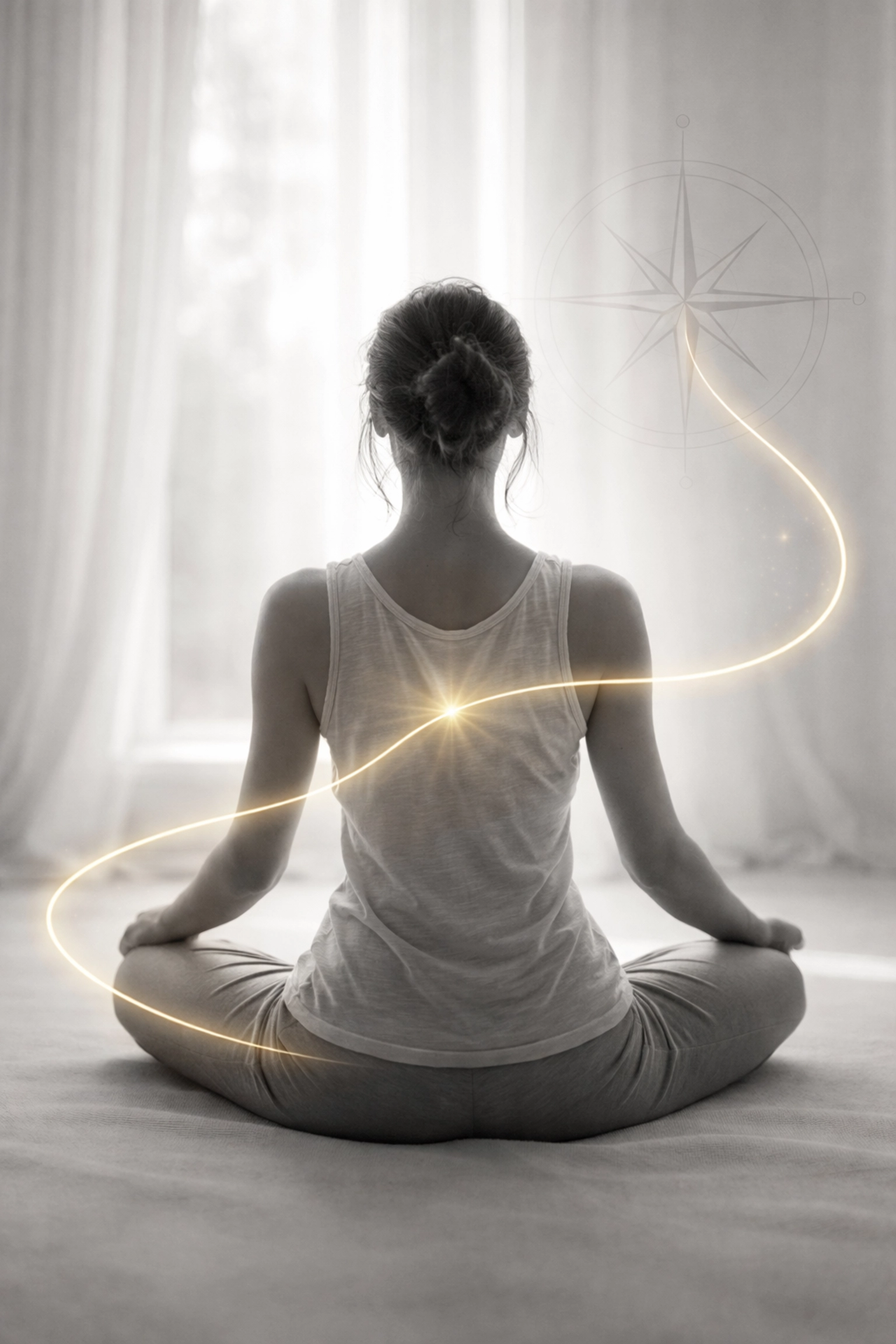 Femme en méditation dans une pièce lumineuse, figurant l’écoute de son autorité intérieure selon le Human Design