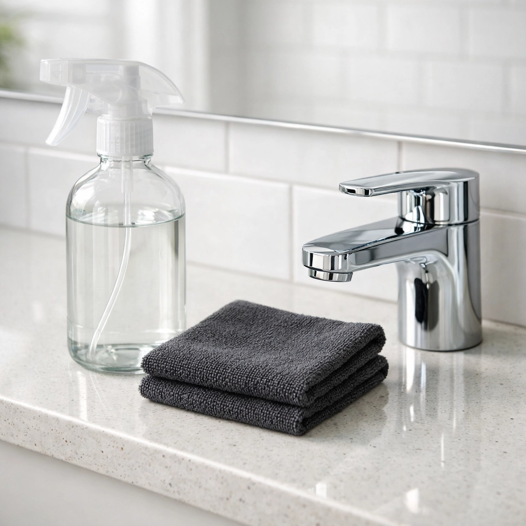 Professional cleaning supplies and a microfiber cloth on a sanitized bathroom vanity.