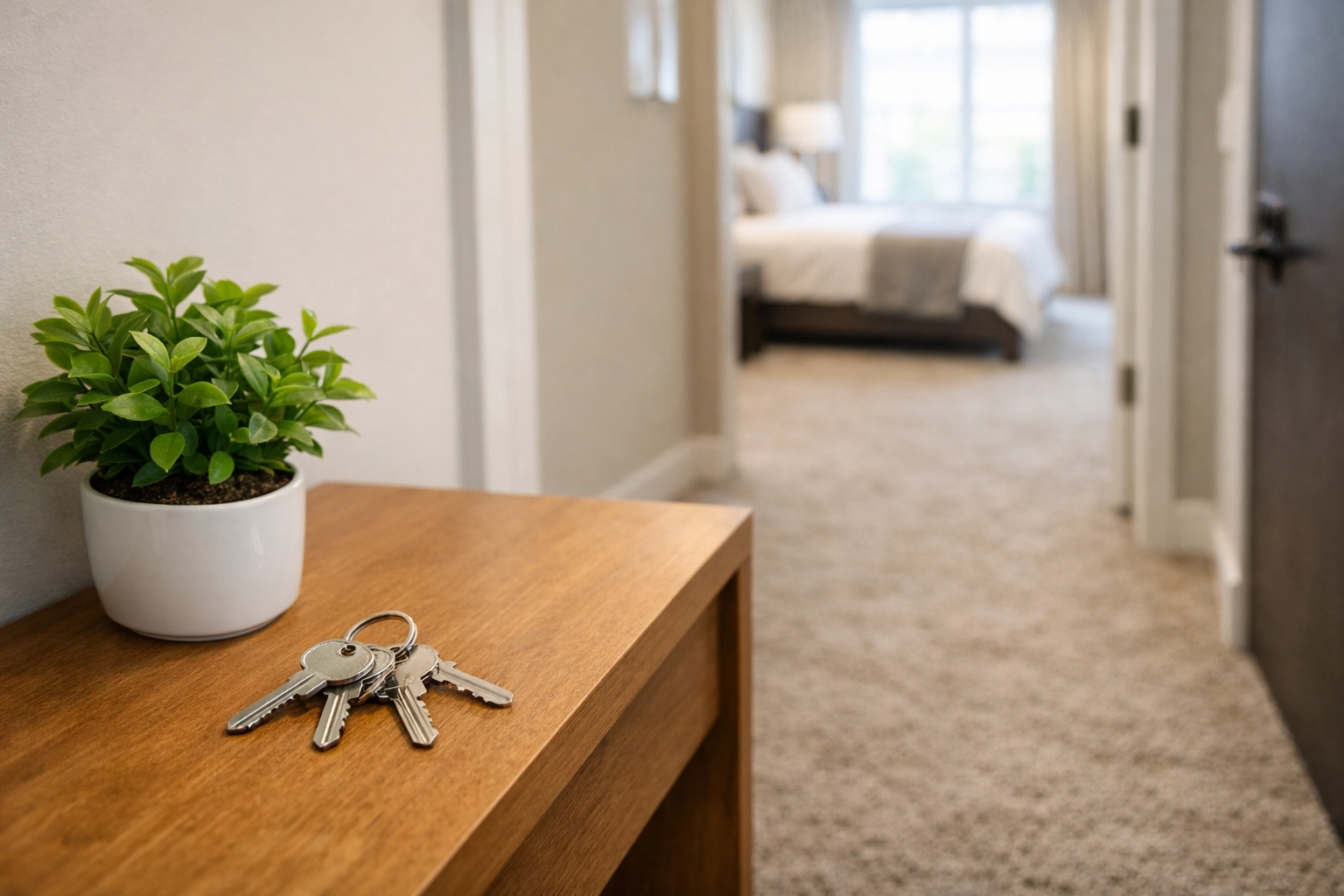 A move-in ready Indianapolis apartment entryway with freshly vacuumed carpets and keys for the new tenant.