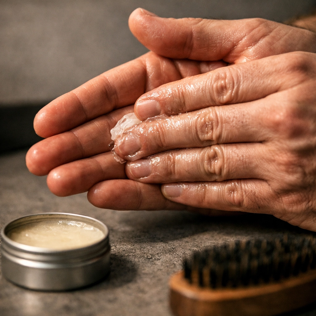 Hands warming beard wax between palms before applying for stronger hold and smoother styling