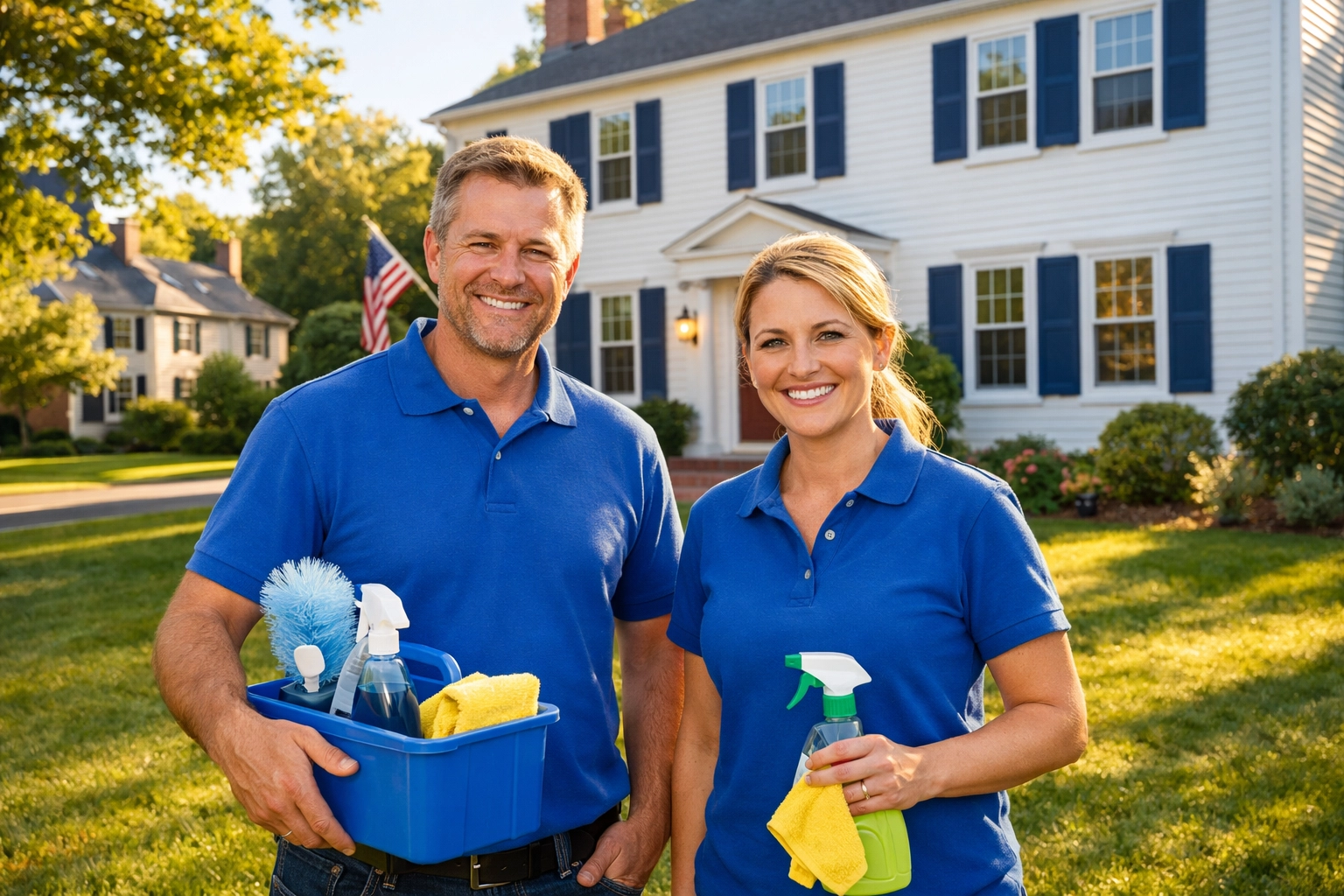 A friendly team of professional cleaners in Lexington standing outside a historic residential home.