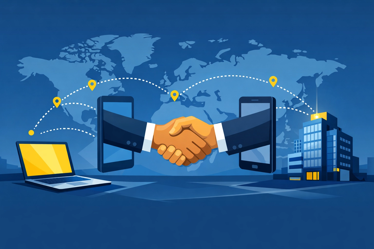 Digital handshake across a world map illustrating remote concierge tax service connection from anywhere.