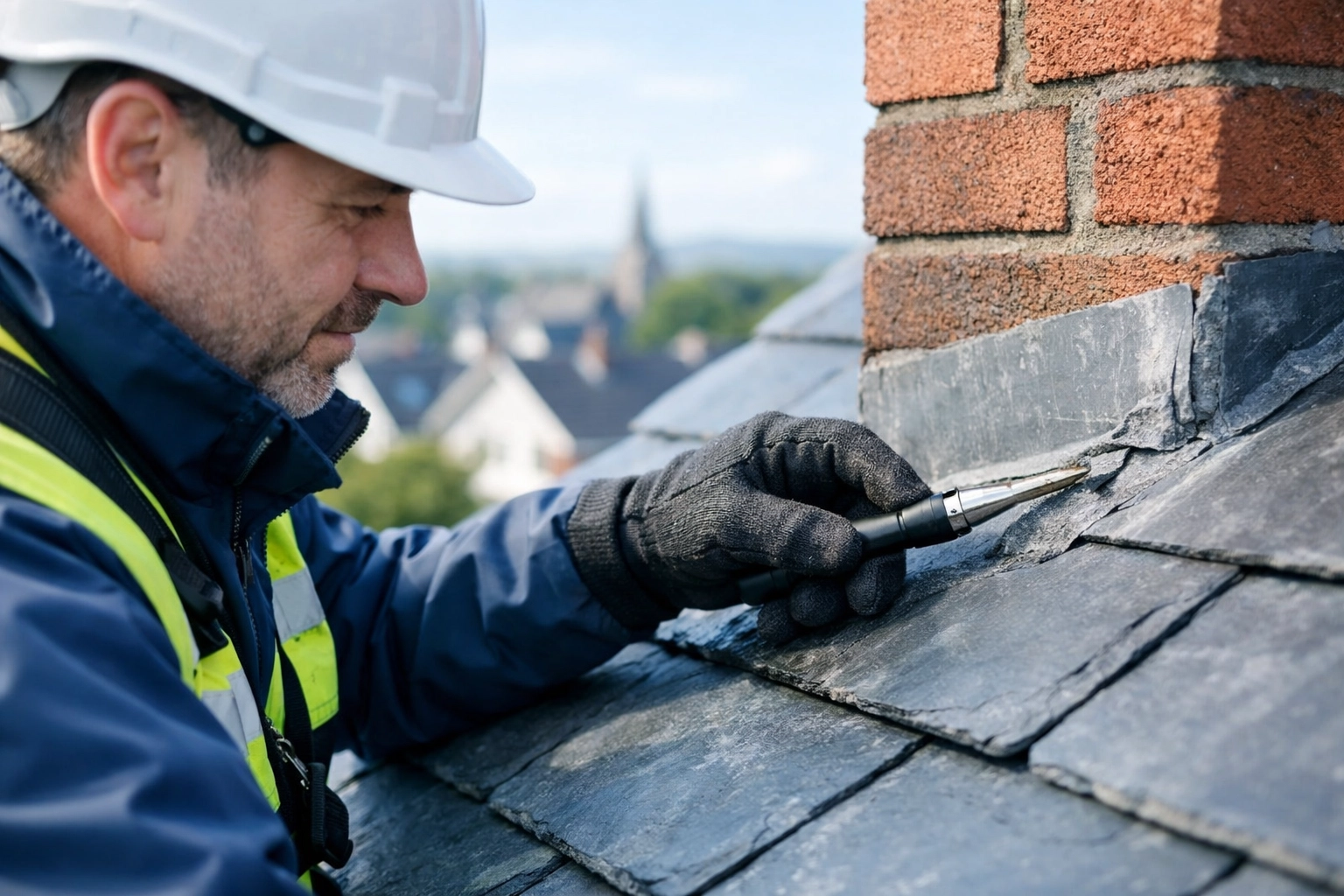 Expert roof inspection in Lisburn examining roof tiles and chimney flashing to prevent water damage.