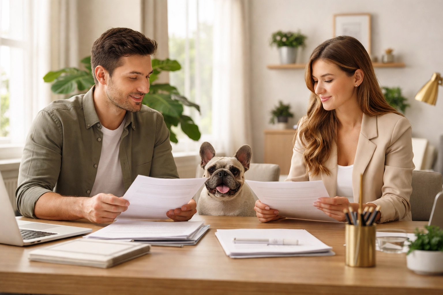 Couple calmly discussing pet-nup and divorce arrangements with their French Bulldog between them