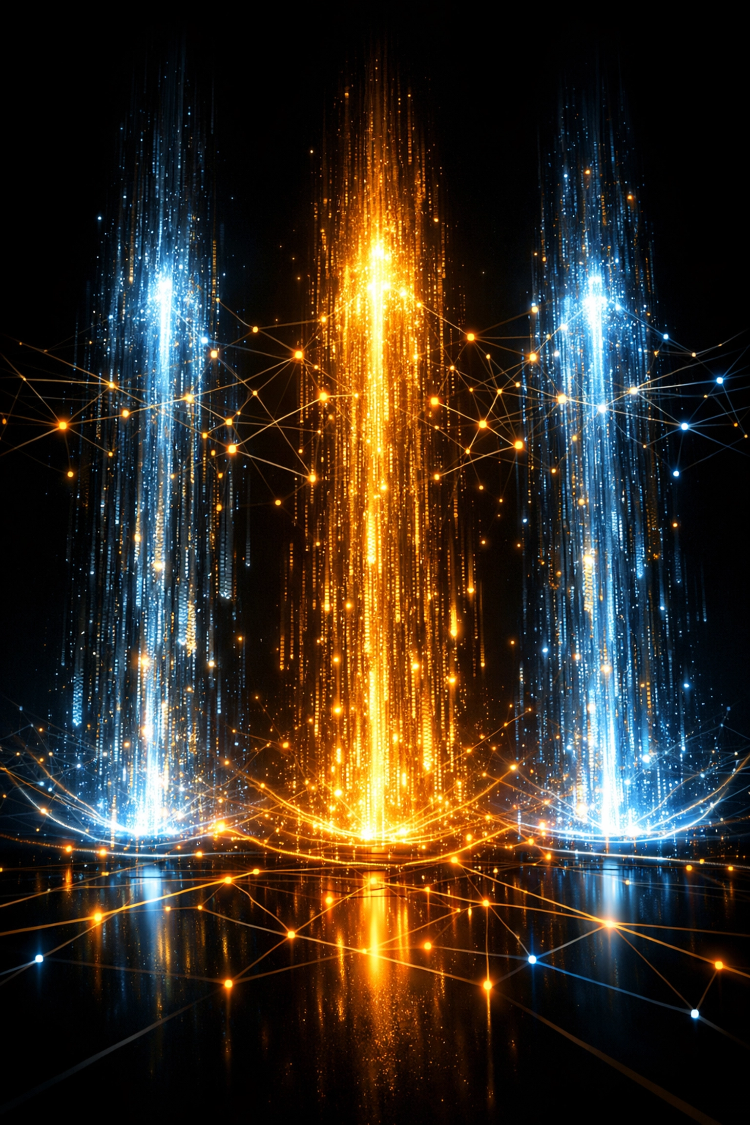 Three digital pillars representing identity, digital currency, and cross-border trade infrastructure.