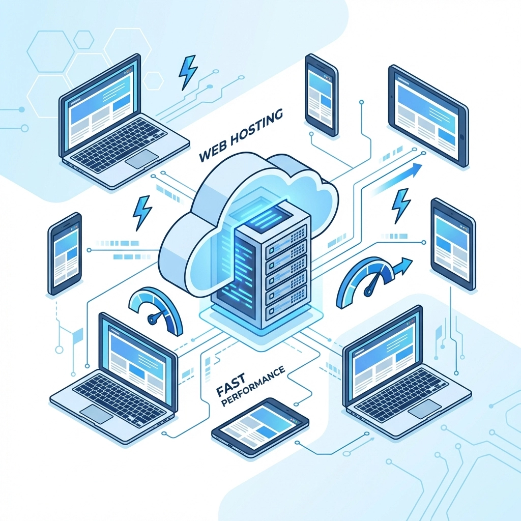 Graphic of web hosting and server connectivity highlighting fast website performance across devices