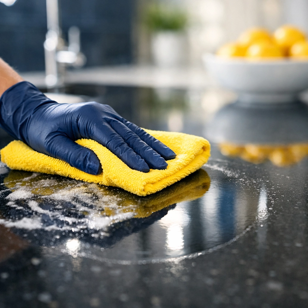 Professional buffing a quartz countertop to remove residue during luxury house cleaning in Reading.