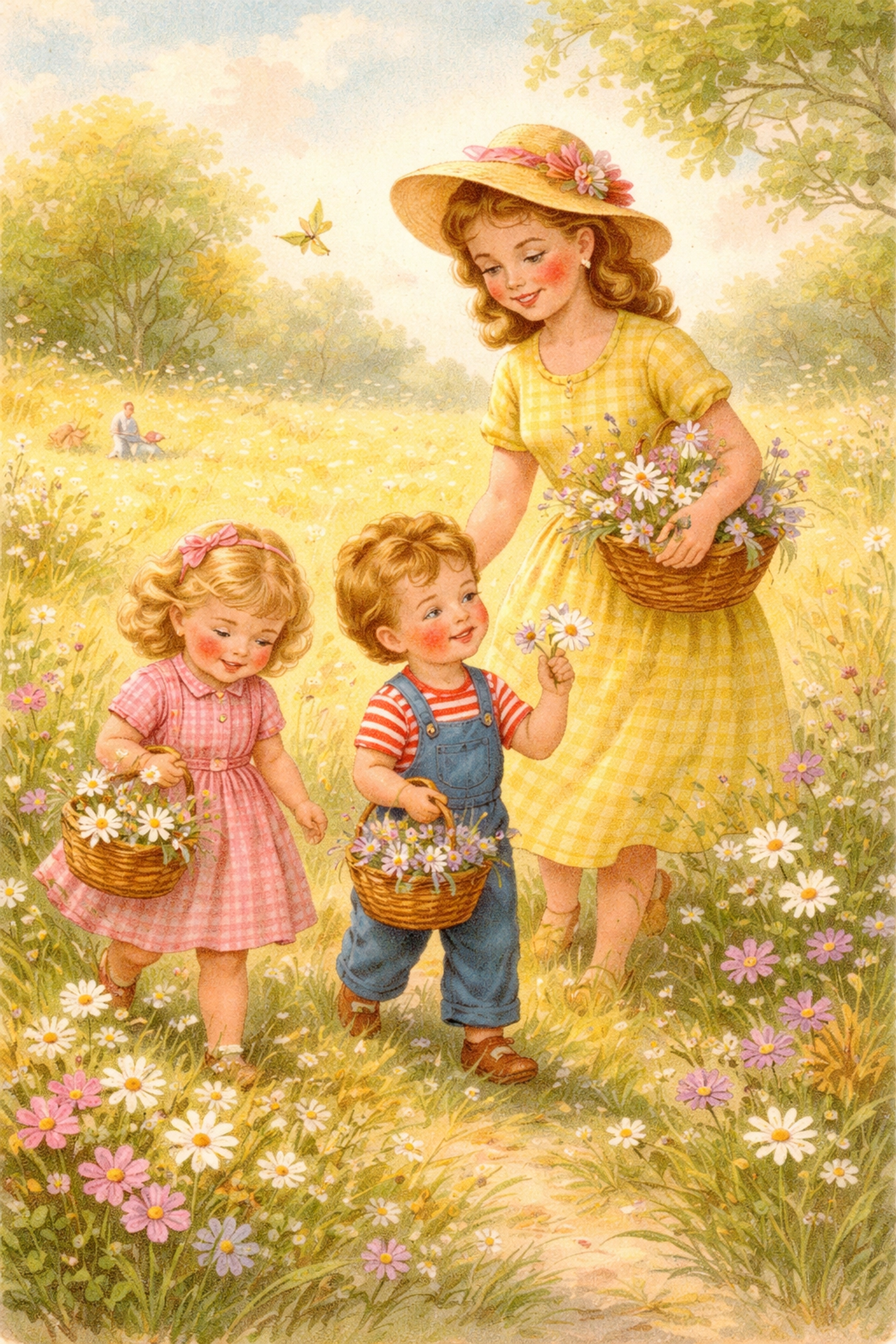 Mother and children picking wildflowers in a sunlit meadow, perfect for family nature art and gardening projects