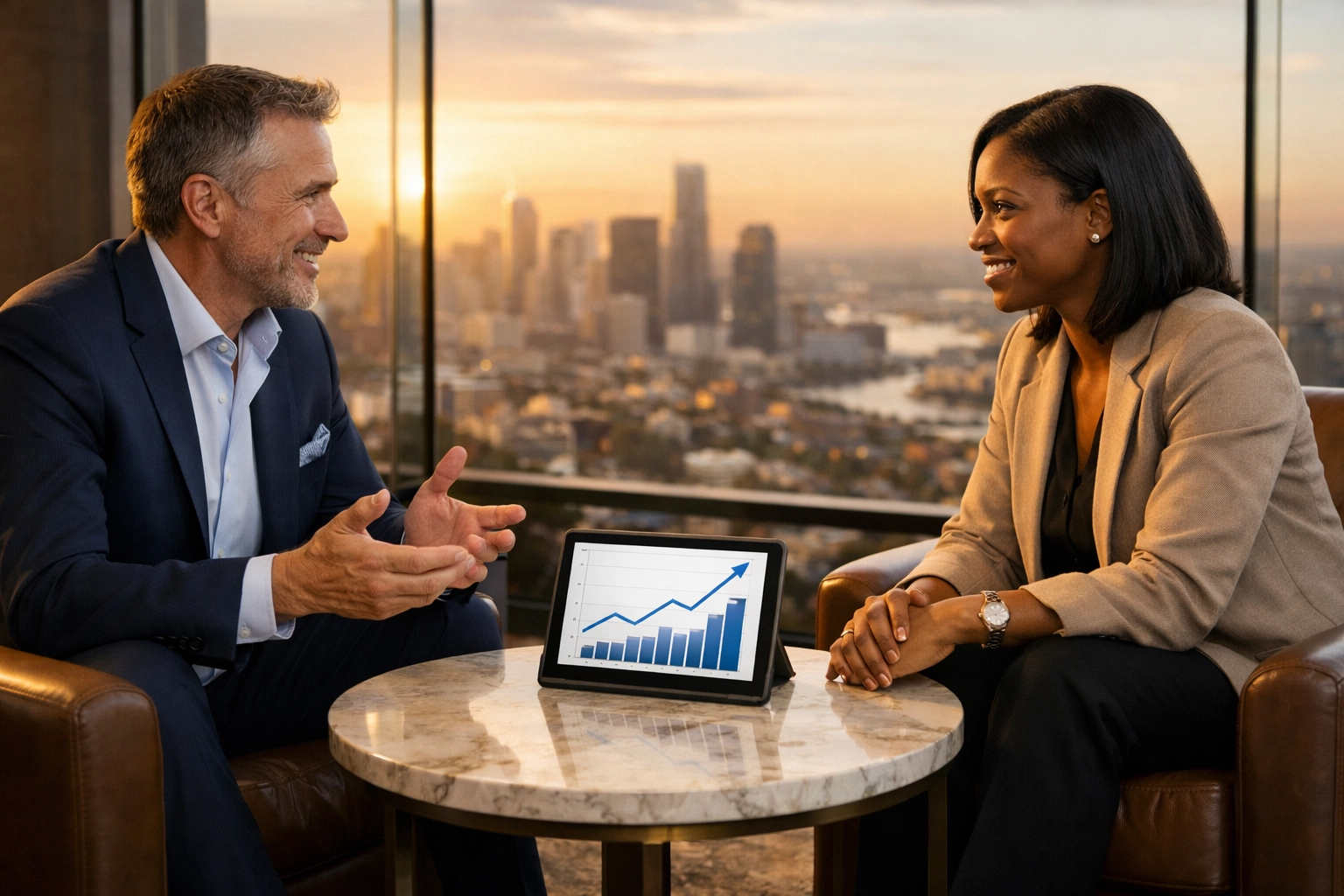 Business consultants discussing strategic growth and global brand consulting in a professional corporate setting.