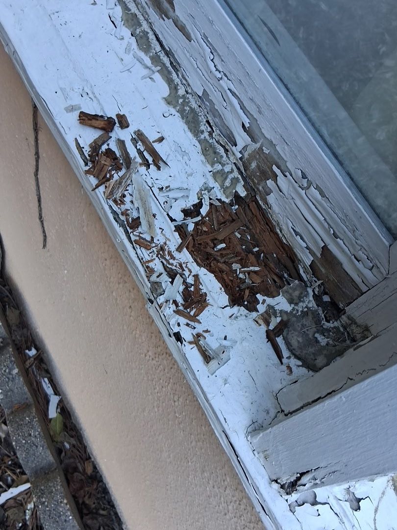 Close-up of advanced exterior maintenance issues and wood rot found during a property management inspection in Atlanta