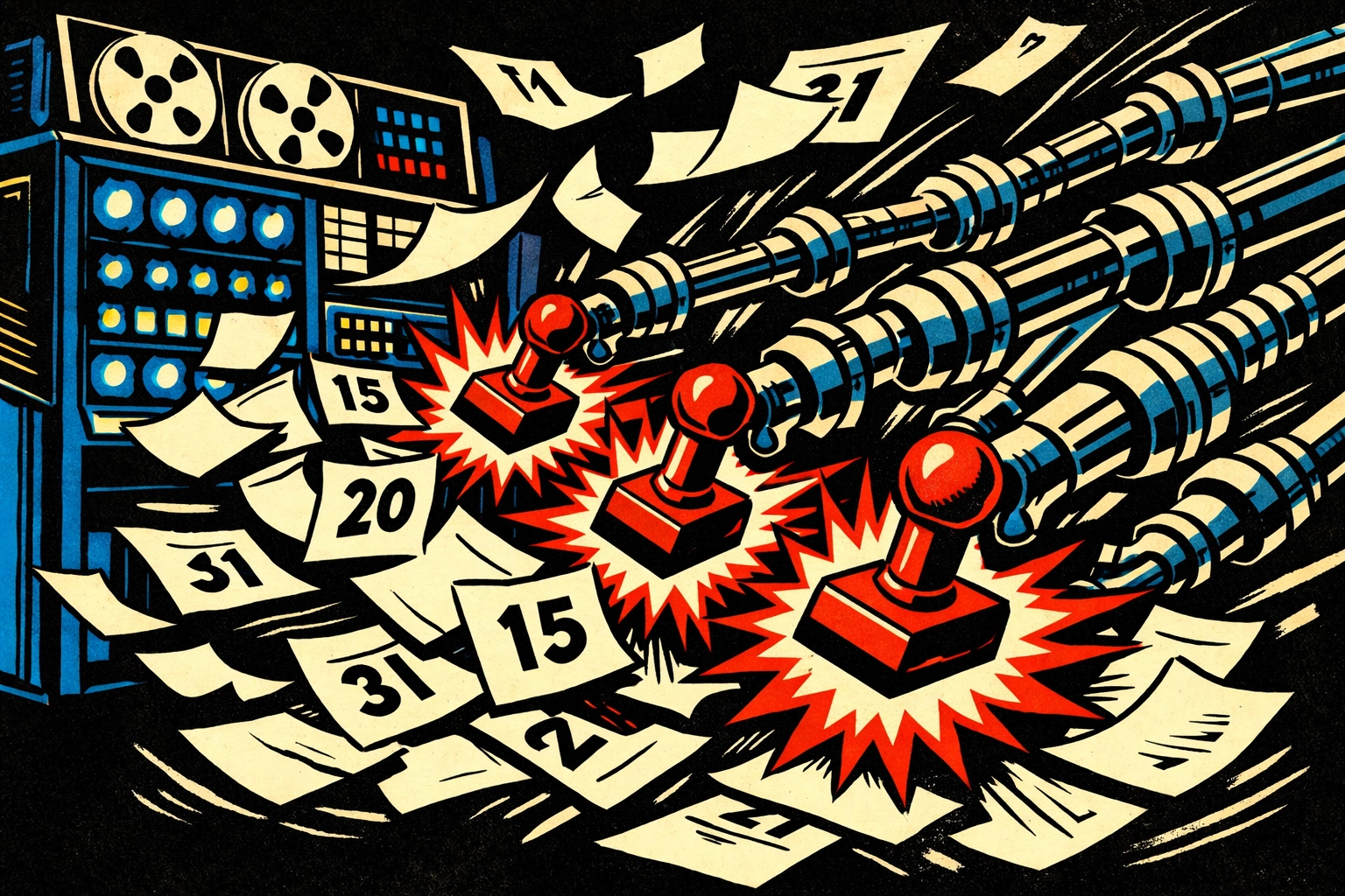 Automated AI booking system rapidly scheduling service appointments in a vintage comic style.