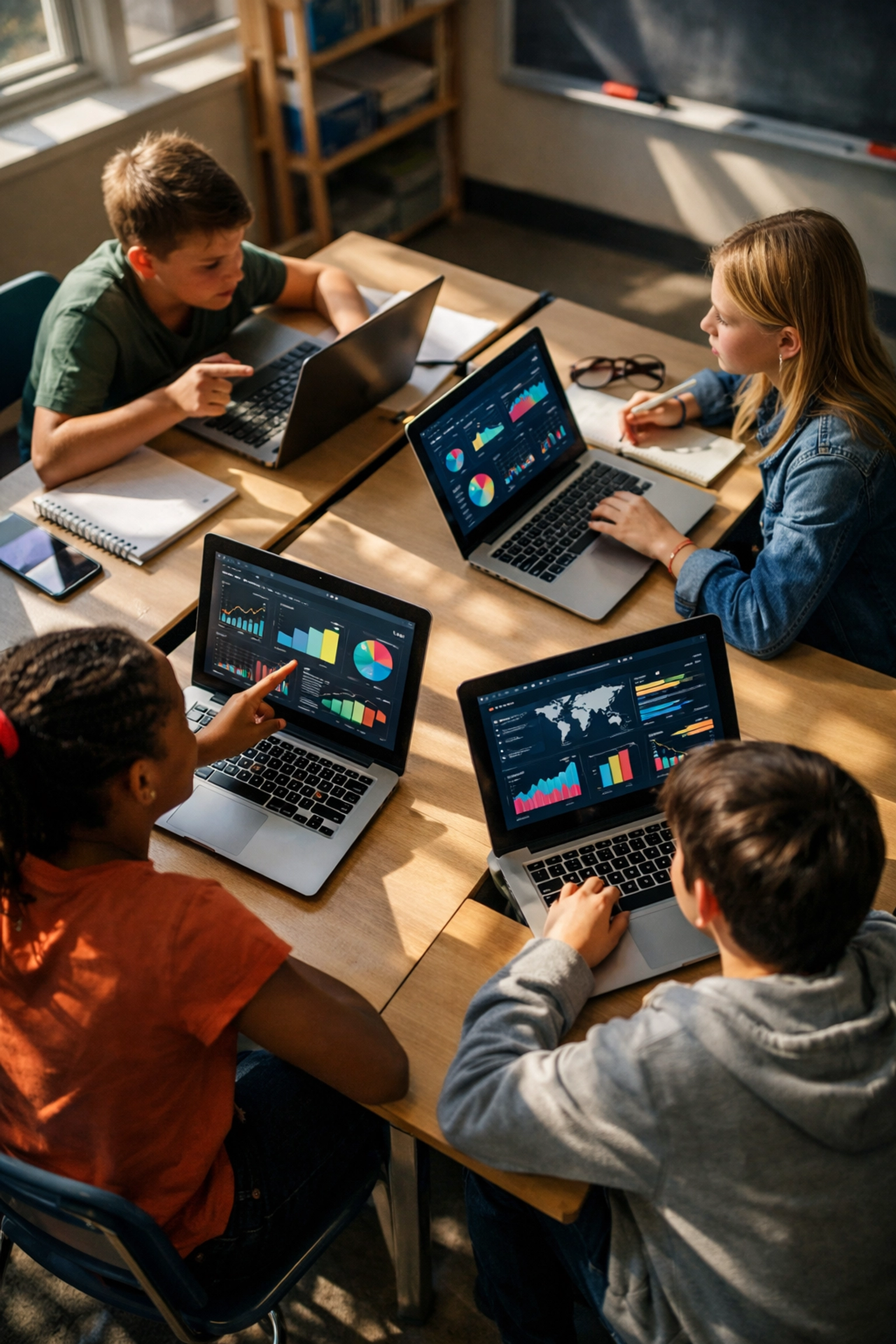 Students collaborating with laptops in modern digital classroom showing future-ready school technology