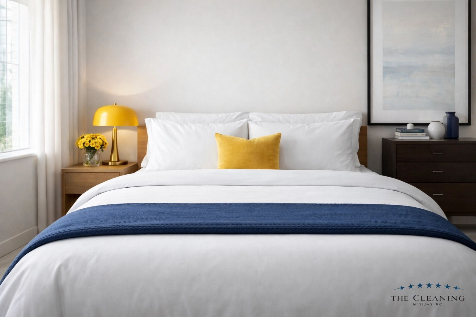 A clutter-free bedroom with white linens highlighting the value of regular weekly house cleaning.