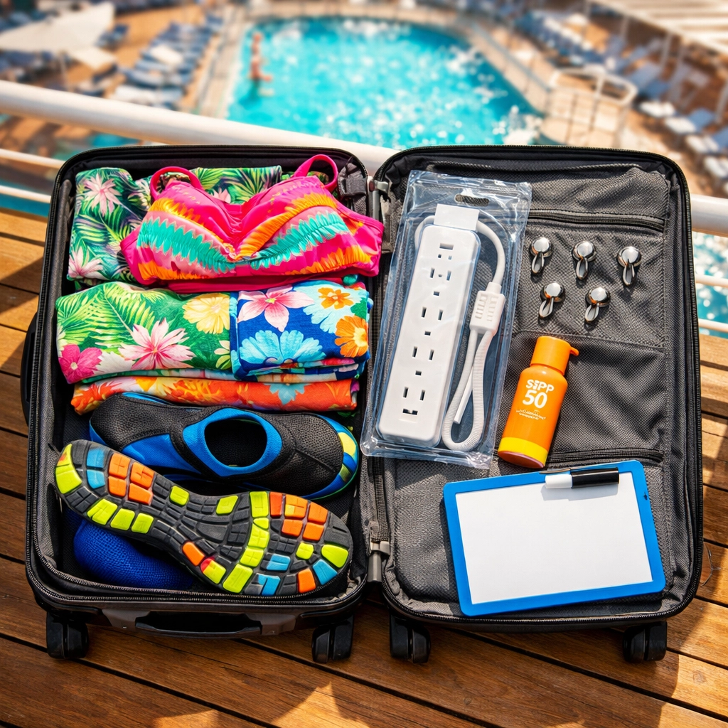 Packed cruise suitcase with essentials including bathing suit, water shoes, and power strip