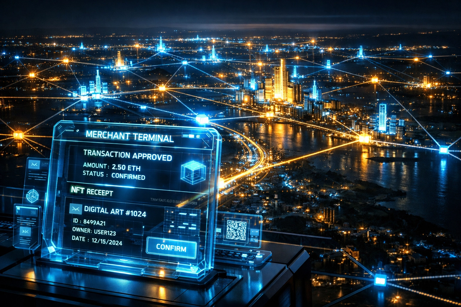 Blockchain network visualization showing merchant payment terminal with NFT receipt and transaction data
