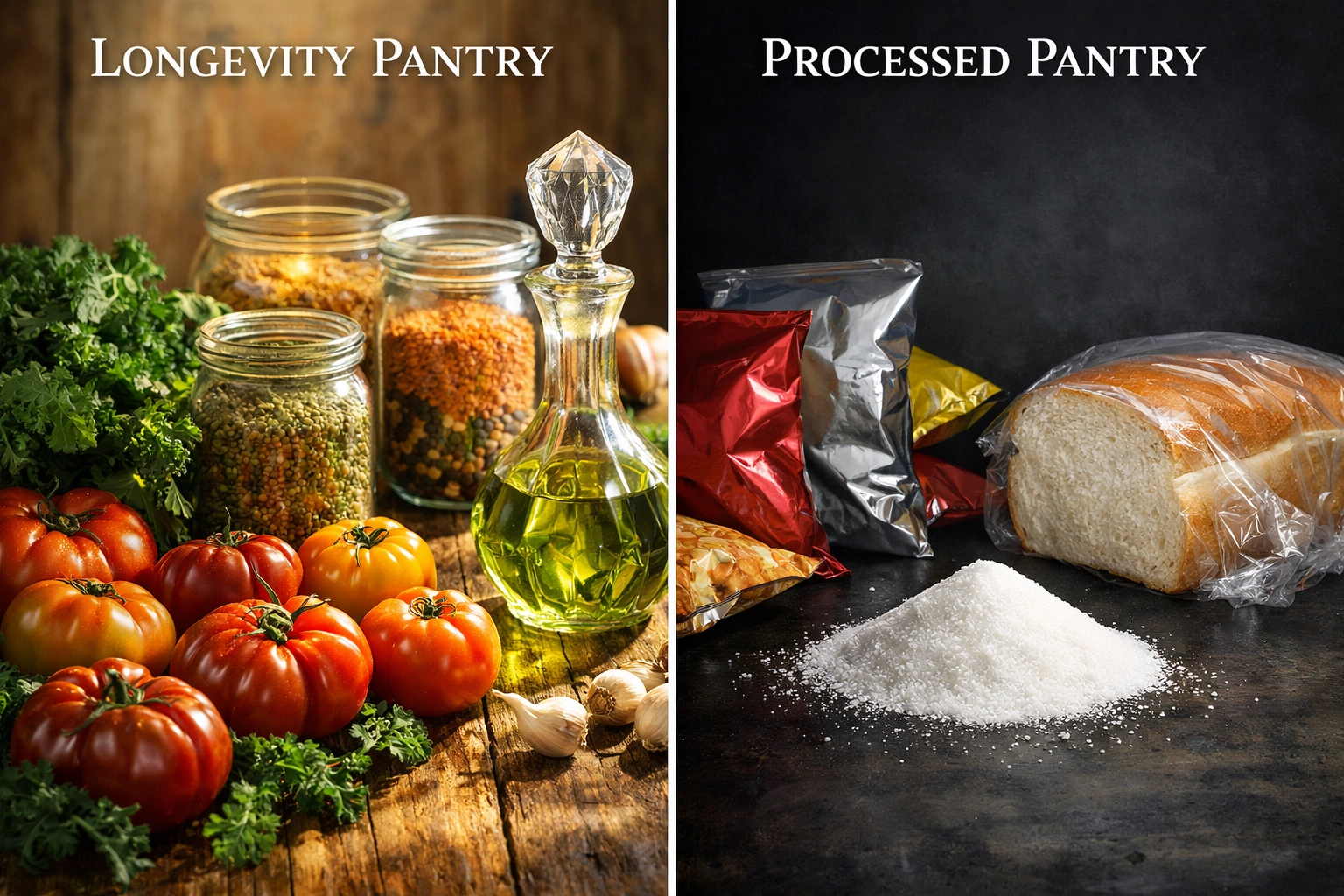 Comparison of a healthy longevity pantry with fresh vegetables and olive oil versus processed foods.