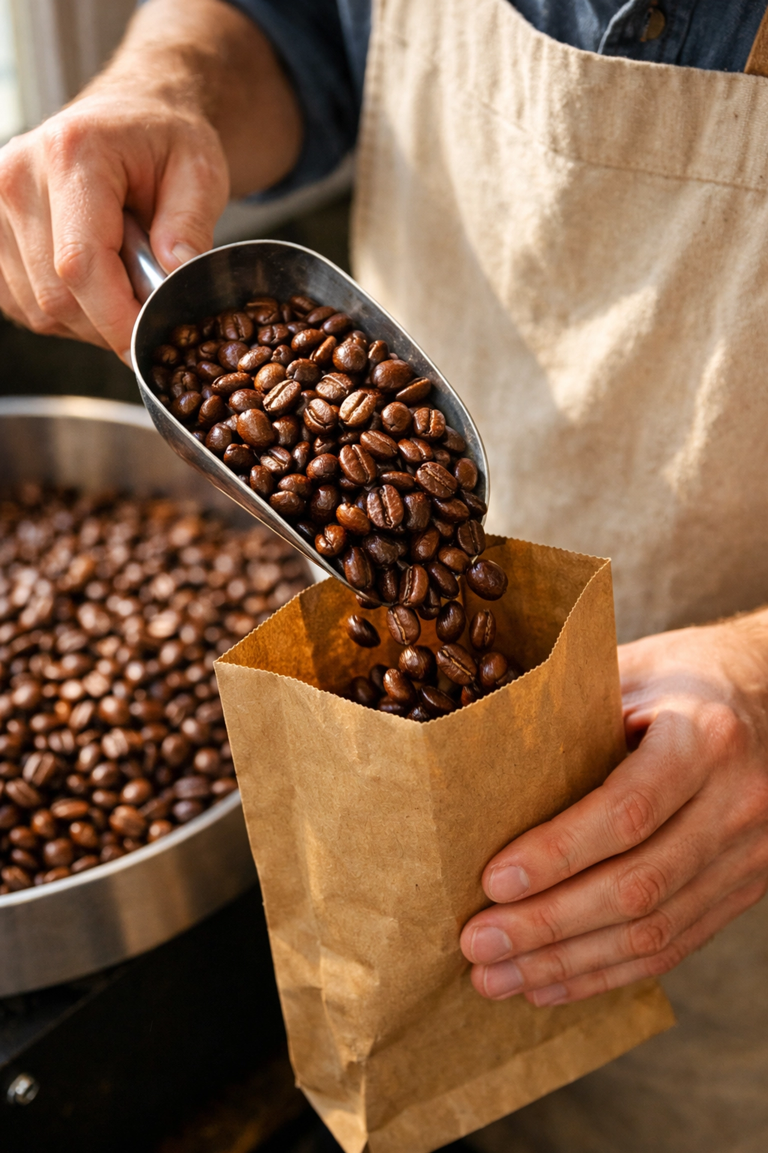 Freshly roasted speciality coffee beans being prepared by a wholesale coffee supplier for a café.