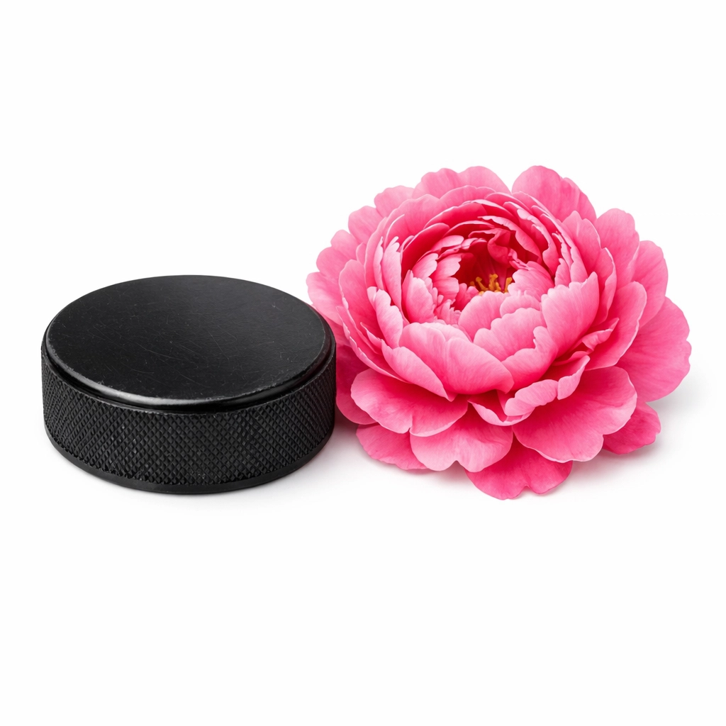A professional hockey puck beside a pink peony flower symbolizing modern sports romance and contemporary short reads.