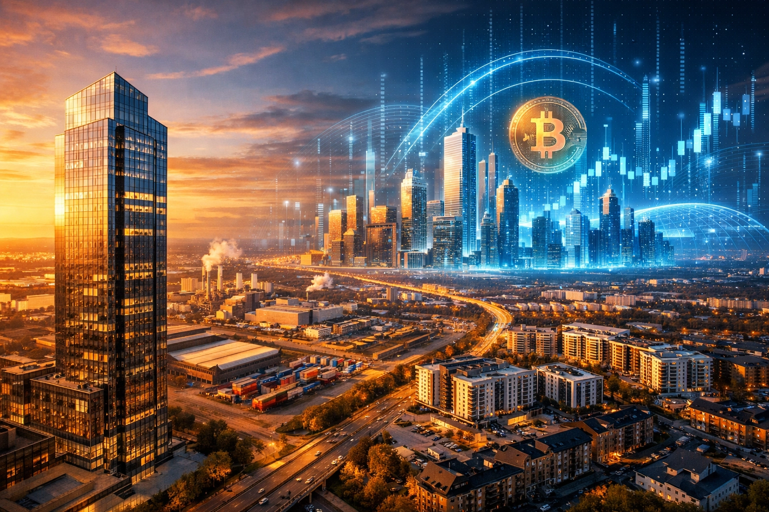 Modern investment landscape showing traditional assets, real estate, and digital innovations