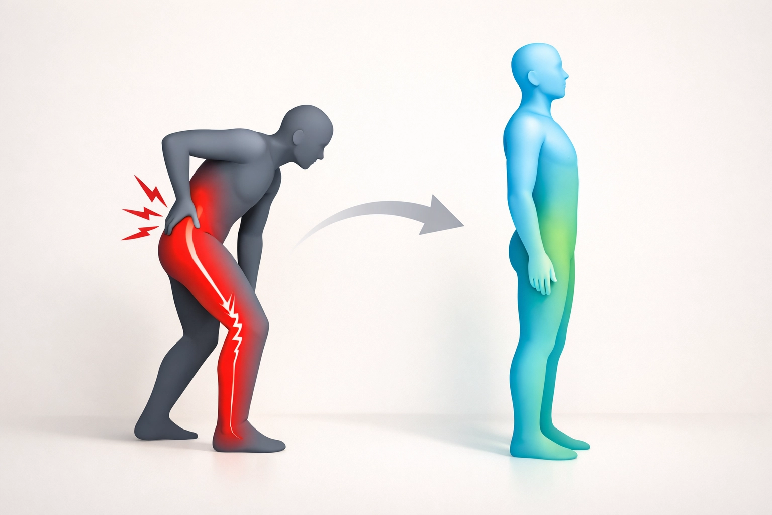 Before and after comparison showing sciatica pain relief through body rebalancing with 180° Solution