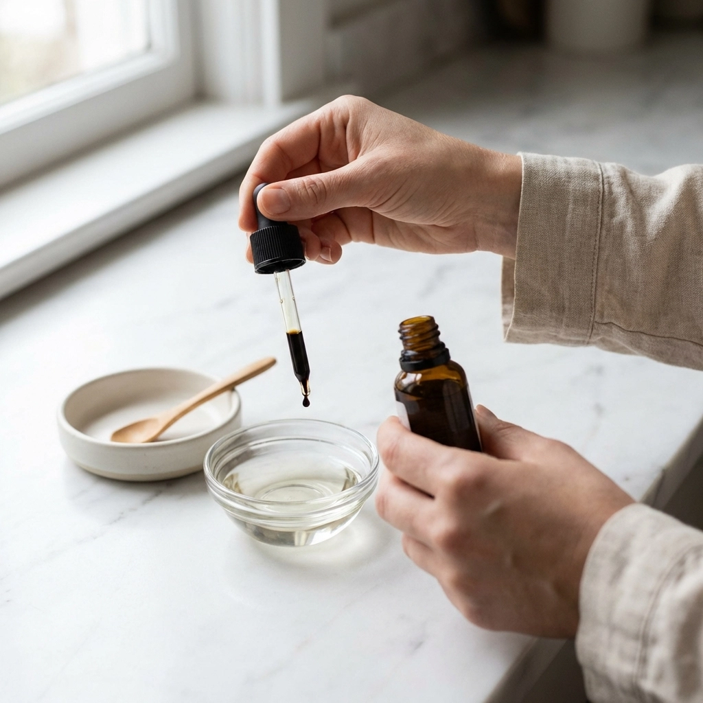 Hands measuring essential oil drops into carrier oil, demonstrating safe oil dilution on a white surface