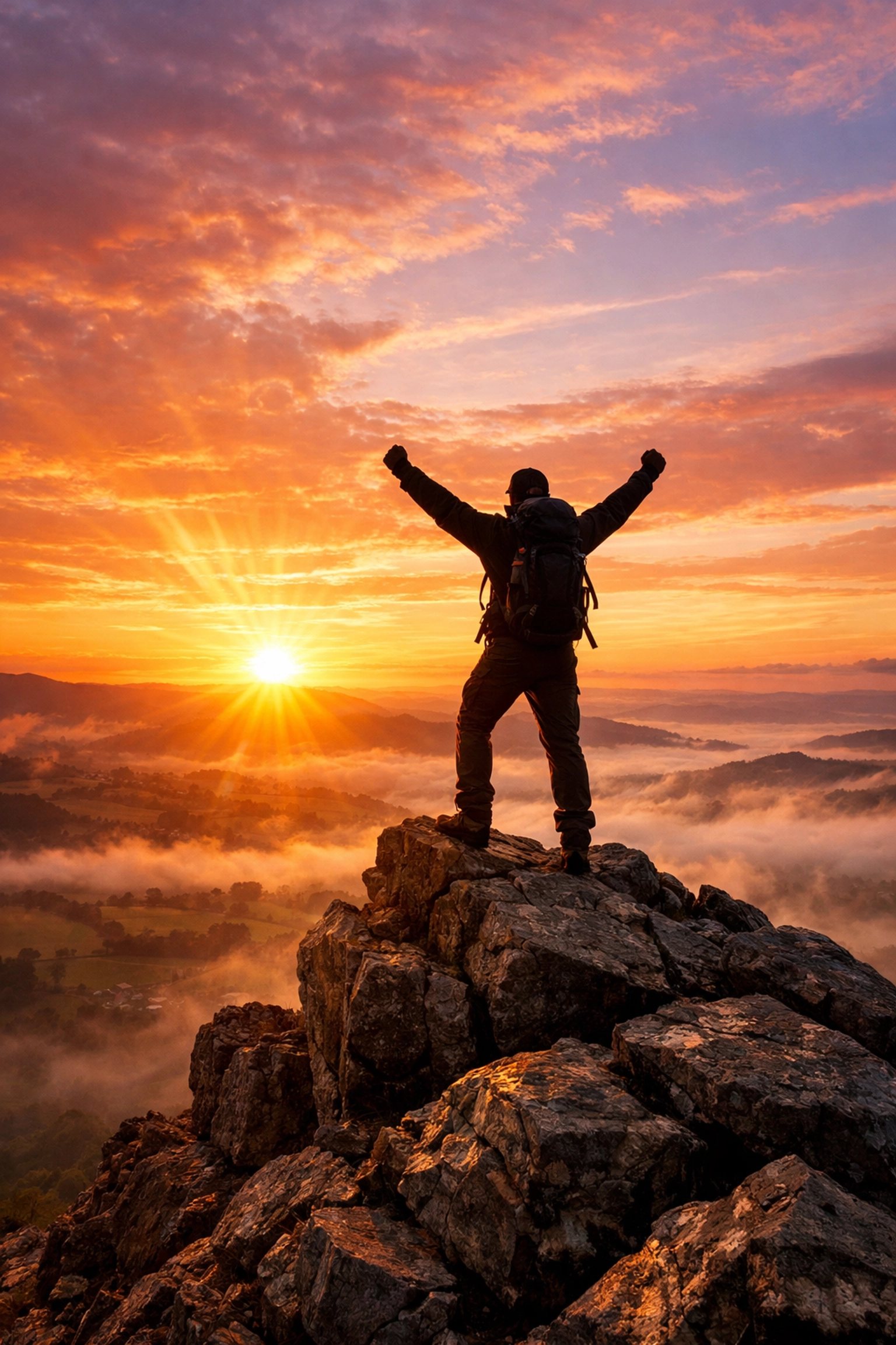 Hiker celebrating summit achievement on UK mountain peak at sunrise