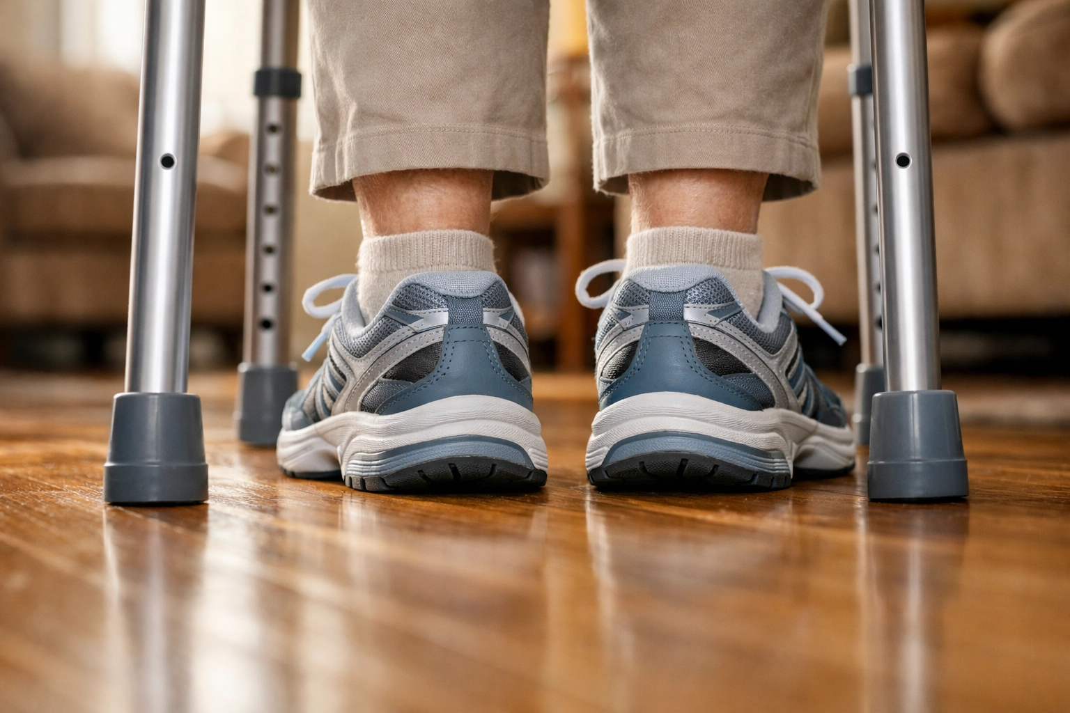 Proper foot positioning behind a medical walker to maintain balance and prevent falls.