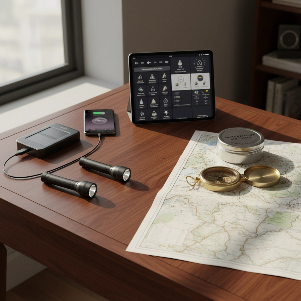 A picture of a table under a window that has a tablet, a cell phone hooked up to a portable charger, two small flashlights, a compass and a map. A silver tin sits on the map. Smart Survival: Integrating Tech with Traditional Prepping for Single Women