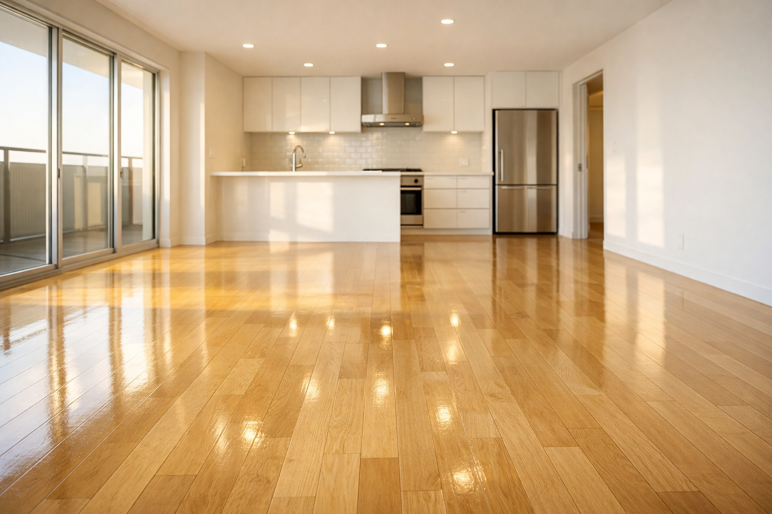 Sun-drenched, rent-ready Indianapolis apartment with polished wood floors and clean kitchen.